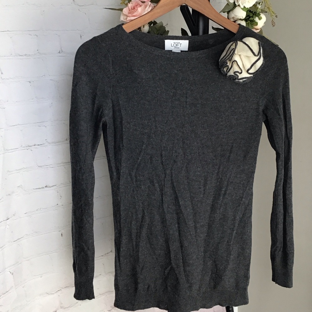 LOFT Charcoal Sweater with Cream Floral Detail